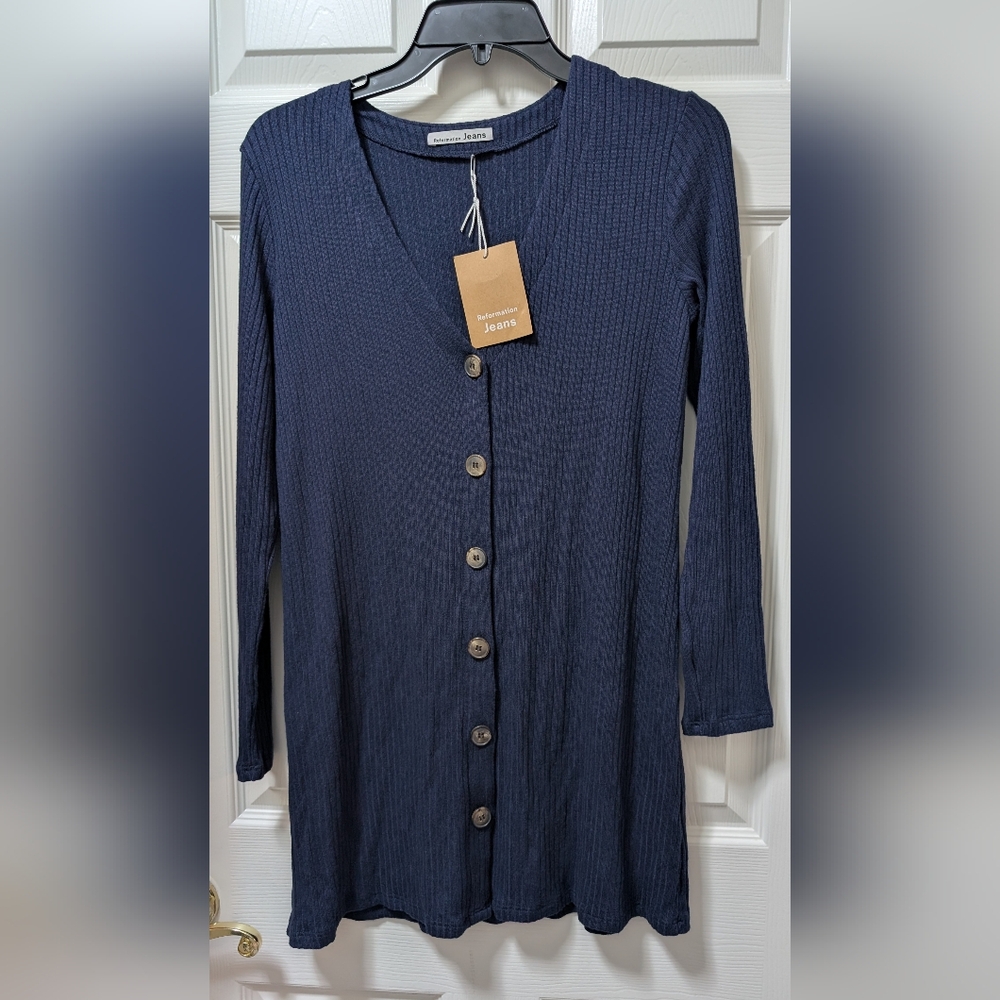 NWT Reformation Agatha Knit Ribbed Dress Blue Navy Size Small S Button Front